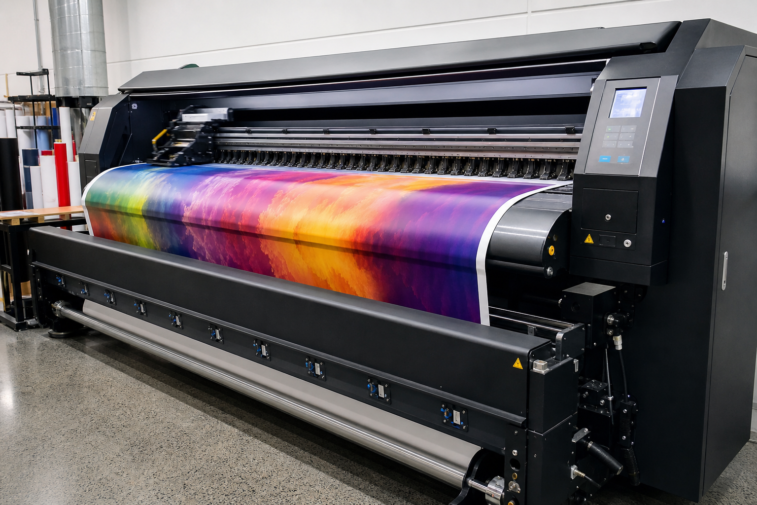 Plotter industrial de gran formato imprimiendo vinilo